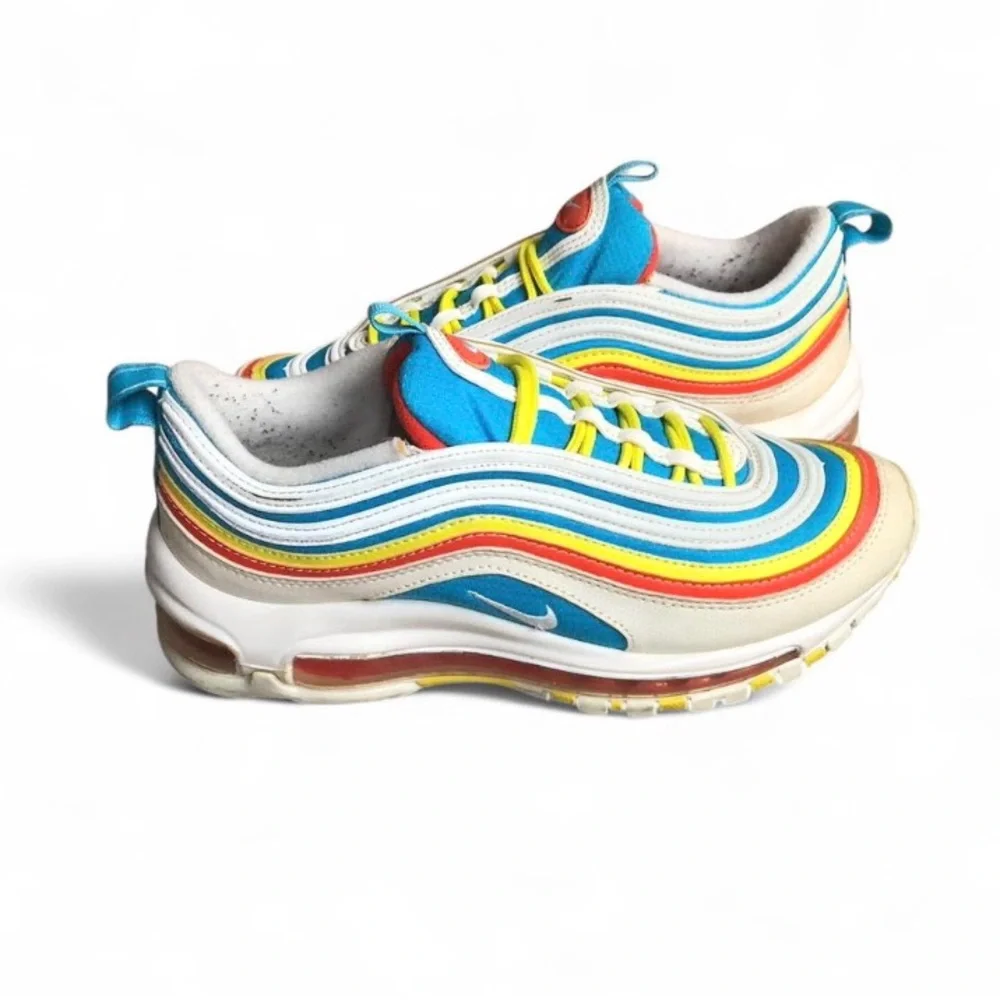 Nike Air Max 97 Shoes Youth Size 5Y White Blue Red Yellow GS Retro Running.
